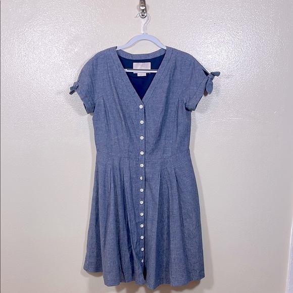 GAL MEETS GLAM COLLECTION Lenna Button Front Linen Blend Fit & Flare Dress 12 - Picture 2 of 7
